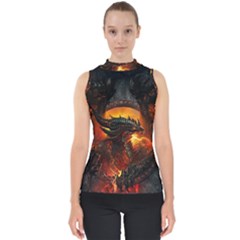 Dragon Fire Fantasy Art Mock Neck Shell Top