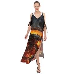 Dragon Fire Fantasy Art Maxi Chiffon Cover Up Dress by Jancukart