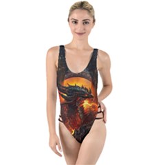 Dragon Fire Fantasy Art High Leg Strappy Swimsuit by Jancukart