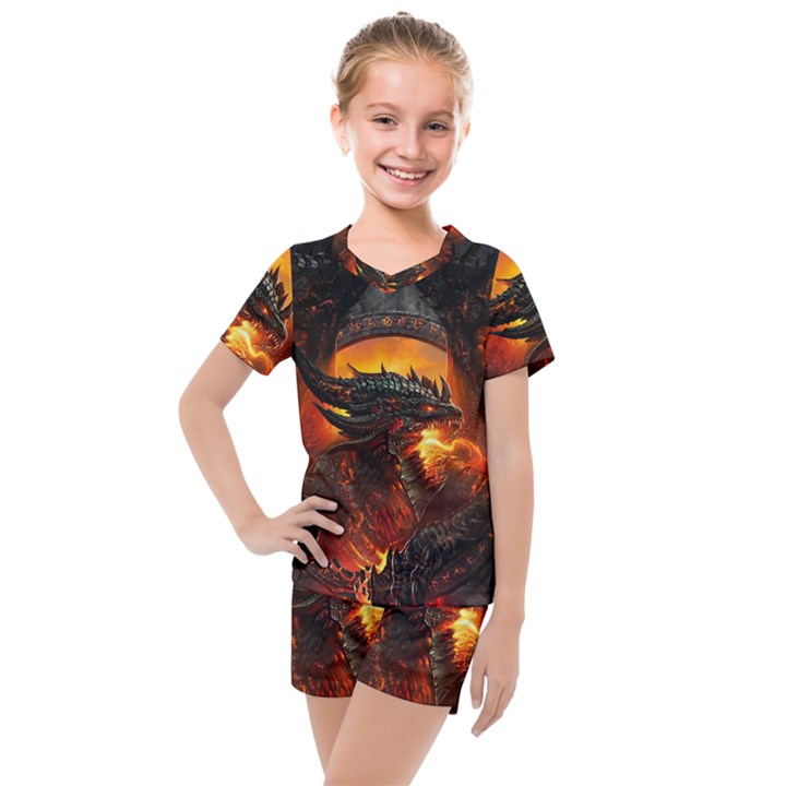 Dragon Fire Fantasy Art Kids  Mesh Tee and Shorts Set