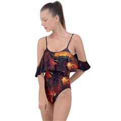 Dragon Fire Fantasy Art Drape Piece Swimsuit by Jancukart