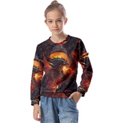 Dragon Fire Fantasy Art Kids  Long Sleeve Tee With Frill 