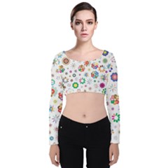 Flower Floral Pattern Velvet Long Sleeve Crop Top by Jancukart