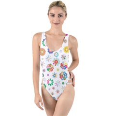 Flower Floral Pattern High Leg Strappy Swimsuit