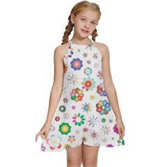 Flower Floral Pattern Kids  Halter Collar Waist Tie Chiffon Dress by Jancukart