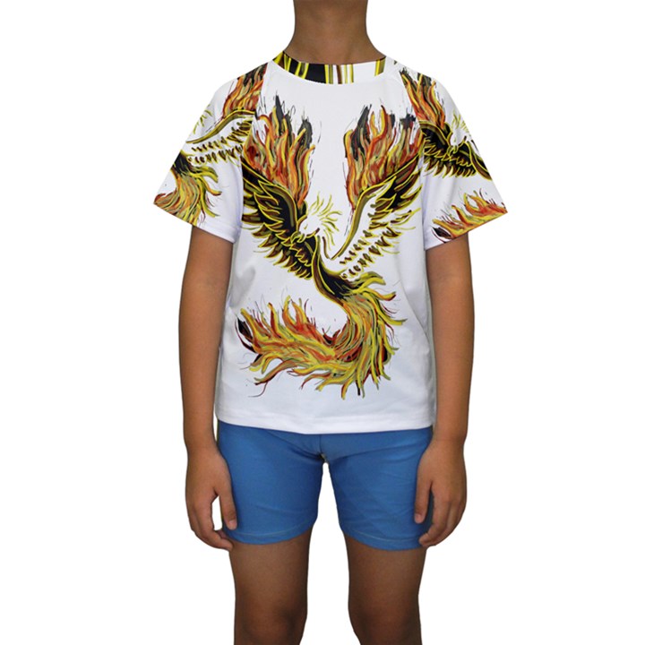 Phoenix-bird-fire-bright-red-swing Kids  Short Sleeve Swimwear