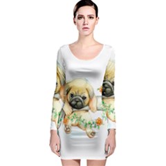 Pug-watercolor-cute-animal-dog Long Sleeve Bodycon Dress