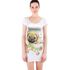 Pug-watercolor-cute-animal-dog Short Sleeve Bodycon Dress