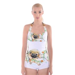 Pug-watercolor-cute-animal-dog Boyleg Halter Swimsuit 