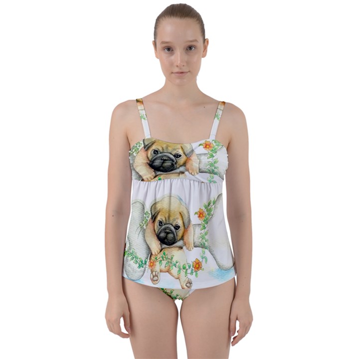 Pug-watercolor-cute-animal-dog Twist Front Tankini Set