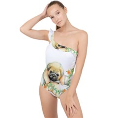 Pug-watercolor-cute-animal-dog Frilly One Shoulder Swimsuit by Jancukart