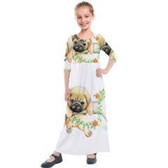 Pug-watercolor-cute-animal-dog Kids  Quarter Sleeve Maxi Dress by Jancukart