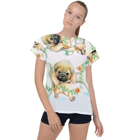 Pug-watercolor-cute-animal-dog Ruffle Collar Chiffon Blouse by Jancukart