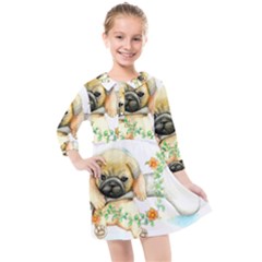 Pug-watercolor-cute-animal-dog Kids  Quarter Sleeve Shirt Dress