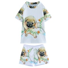 Pug-watercolor-cute-animal-dog Kids  Swim Tee And Shorts Set by Jancukart