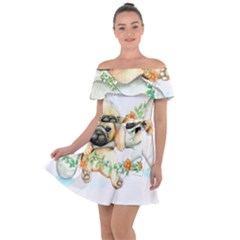 Pug-watercolor-cute-animal-dog Off Shoulder Velour Dress