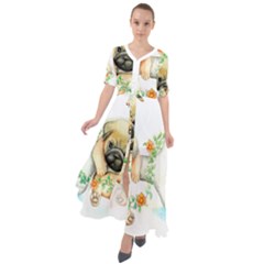 Pug-watercolor-cute-animal-dog Waist Tie Boho Maxi Dress