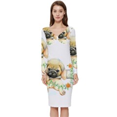 Pug-watercolor-cute-animal-dog Long Sleeve V-neck Bodycon Dress 