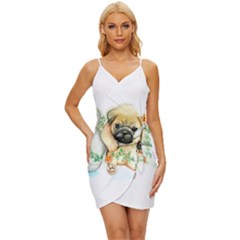 Pug-watercolor-cute-animal-dog Wrap Tie Front Dress