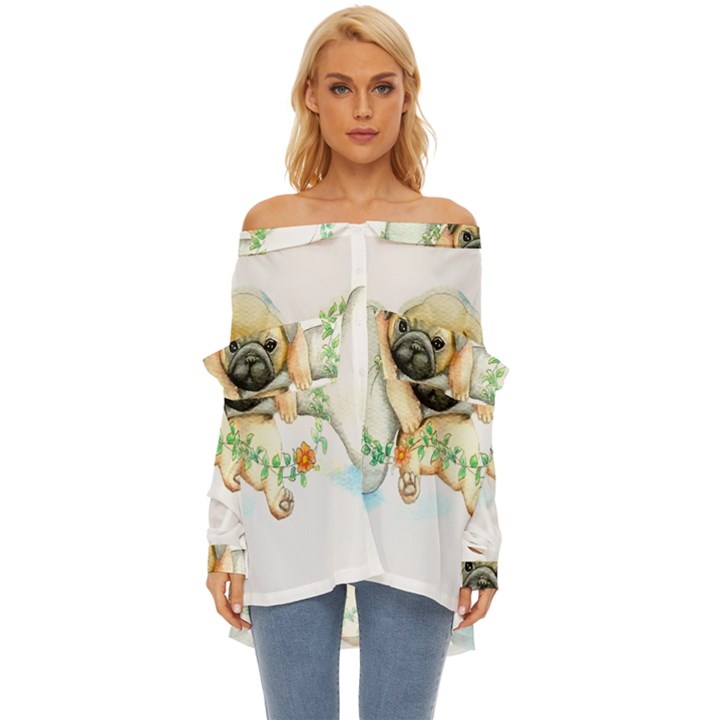 Pug-watercolor-cute-animal-dog Off Shoulder Chiffon Pocket Shirt