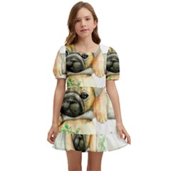 Pug-watercolor-cute-animal-dog Kids  Short Sleeve Dolly Dress