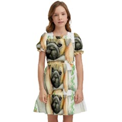 Pug-watercolor-cute-animal-dog Kids  Puff Sleeved Dress by Jancukart