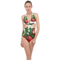 Strawberries-fruits-fruit-red Halter Front Plunge Swimsuit