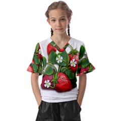 Strawberries-fruits-fruit-red Kids  V-neck Horn Sleeve Blouse by Jancukart