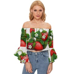 Strawberries-fruits-fruit-red Off Shoulder Flutter Bell Sleeve Top by Jancukart