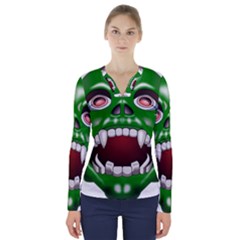 Monster-mask-alien-horror-devil V-neck Long Sleeve Top