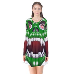 Monster-mask-alien-horror-devil Long Sleeve V-neck Flare Dress by Jancukart