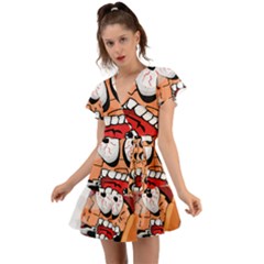 Brain Cartoon Animation Flutter Sleeve Wrap Dress