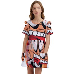 Brain Cartoon Animation Kids  Frilly Sleeves Pocket Dress