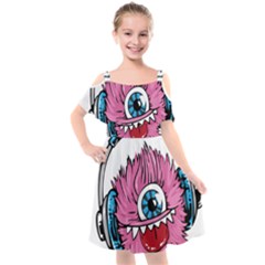 Monster-headphones-headset-listen Kids  Cut Out Shoulders Chiffon Dress