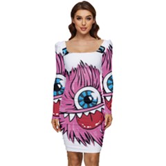 Monster-headphones-headset-listen Women Long Sleeve Ruched Stretch Jersey Dress