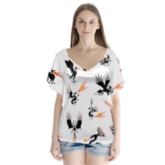 Dragon-phoenix-fire-bird-ancient V-neck Flutter Sleeve Top