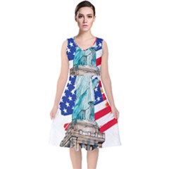 Statue Of Liberty Independence Day Poster Art V-neck Midi Sleeveless Dress 