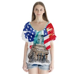 Statue Of Liberty Independence Day Poster Art V-neck Flutter Sleeve Top by Jancukart