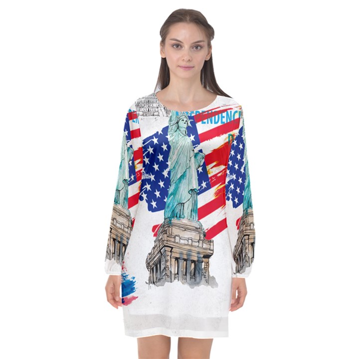 Statue Of Liberty Independence Day Poster Art Long Sleeve Chiffon Shift Dress 