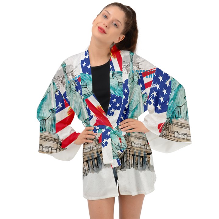 Statue Of Liberty Independence Day Poster Art Long Sleeve Kimono