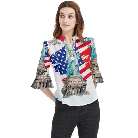 Statue Of Liberty Independence Day Poster Art Loose Horn Sleeve Chiffon Blouse by Jancukart