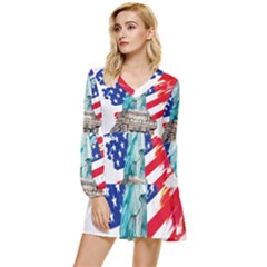 Statue Of Liberty Independence Day Poster Art Tiered Long Sleeve Mini Dress by Jancukart