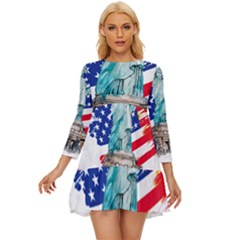 Statue Of Liberty Independence Day Poster Art Long Sleeve Babydoll Dress by Jancukart