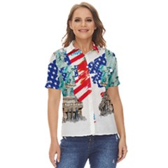 Statue Of Liberty Independence Day Poster Art Women s Short Sleeve Double Pocket Shirt