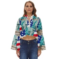 Statue Of Liberty Independence Day Poster Art Boho Long Bell Sleeve Top