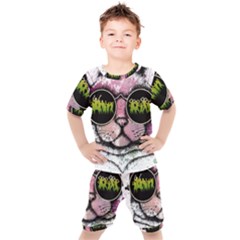 Black-cat-head Kids  Tee And Shorts Set