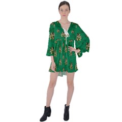 Water Lilies In The Soft Clear Warm Tropical Sea V-neck Flare Sleeve Mini Dress by pepitasart