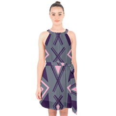 Abstract Pattern Geometric Backgrounds  Halter Collar Waist Tie Chiffon Dress by Eskimos