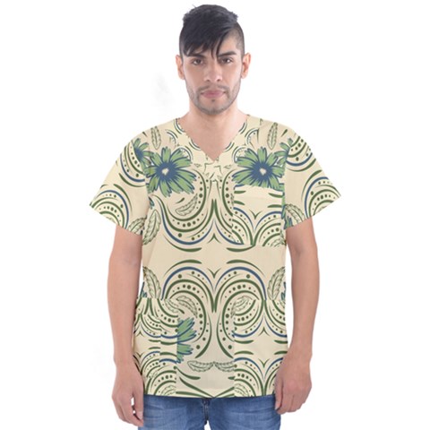 Folk Flowers Print Floral Pattern Ethnic Art Men s V-neck Scrub Top by Eskimos