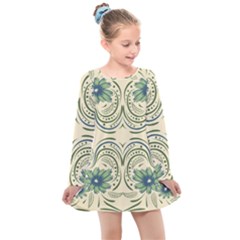 Folk Flowers Print Floral Pattern Ethnic Art Kids  Long Sleeve Dress by Eskimos